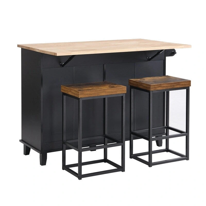 Juego de isla de cocina con extensión plegable y 2 asientos