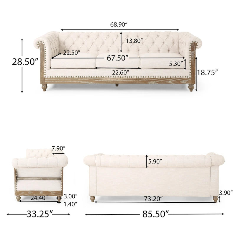 Sofá Chesterfield Saragus con ribete de cabeza de clavo - 85.50 L x 33.25 An. x 28.50 Al.