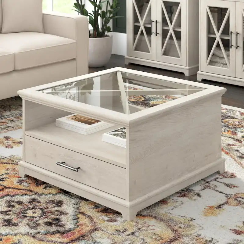 Mesa de centro de cristal Lennox Farmhouse con almacenamiento de Bush Furniture