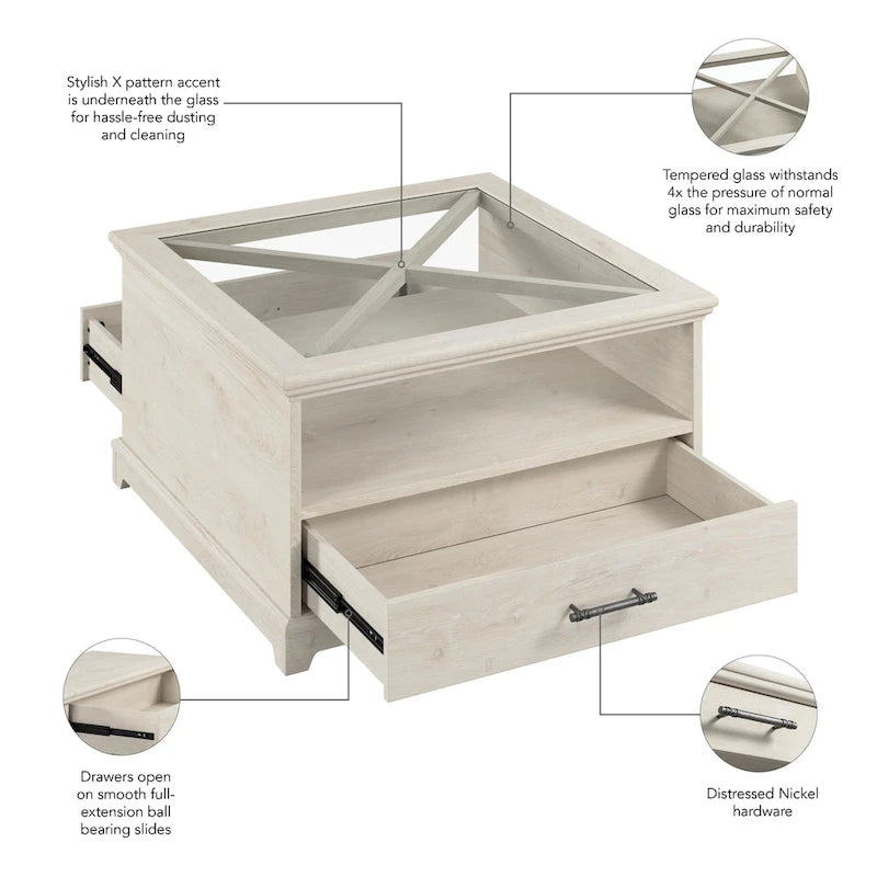 Mesa de centro de cristal Lennox Farmhouse con almacenamiento de Bush Furniture