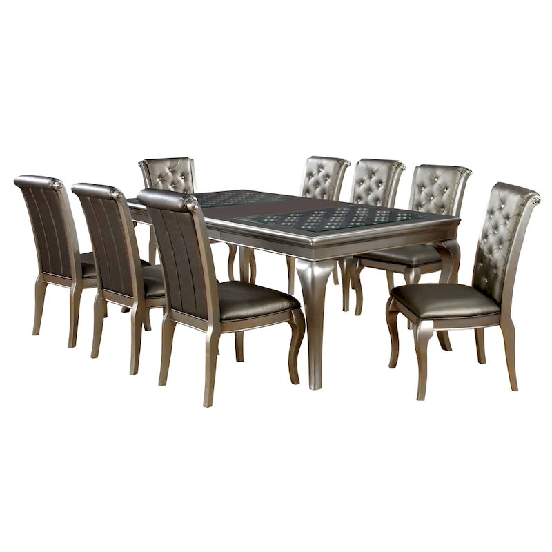 Mesa de comedor Glam Gold de piel sintética, capitoné, de 9 piezas con extensión