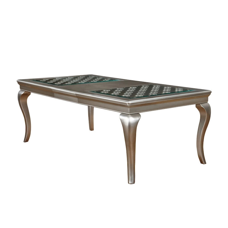 Mesa de comedor Glam Gold de piel sintética, capitoné, de 9 piezas con extensión