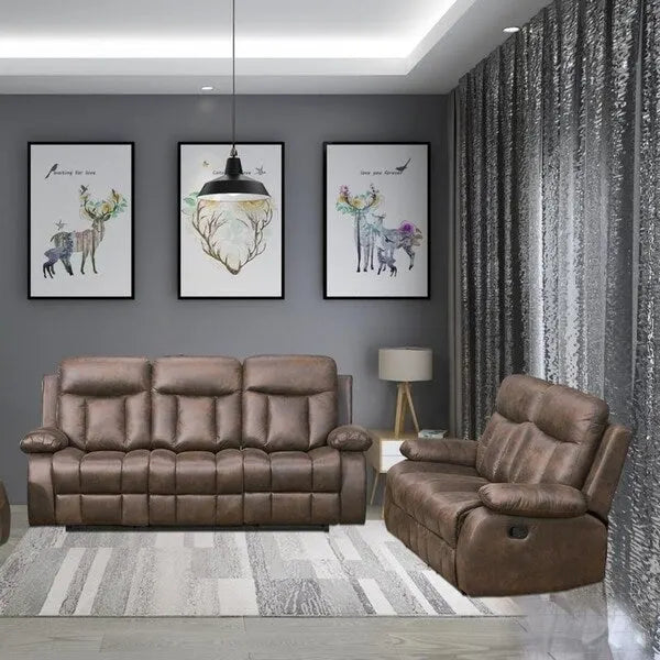 Juego de sala de estar reclinable de 2 piezas de microfibra marrón, con sofá reclinable de una pieza y loveseat reclinable de una pieza - N/A