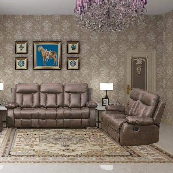 Juego de sala de estar reclinable de 2 piezas de microfibra marrón, con sofá reclinable de una pieza y loveseat reclinable de una pieza - N/A