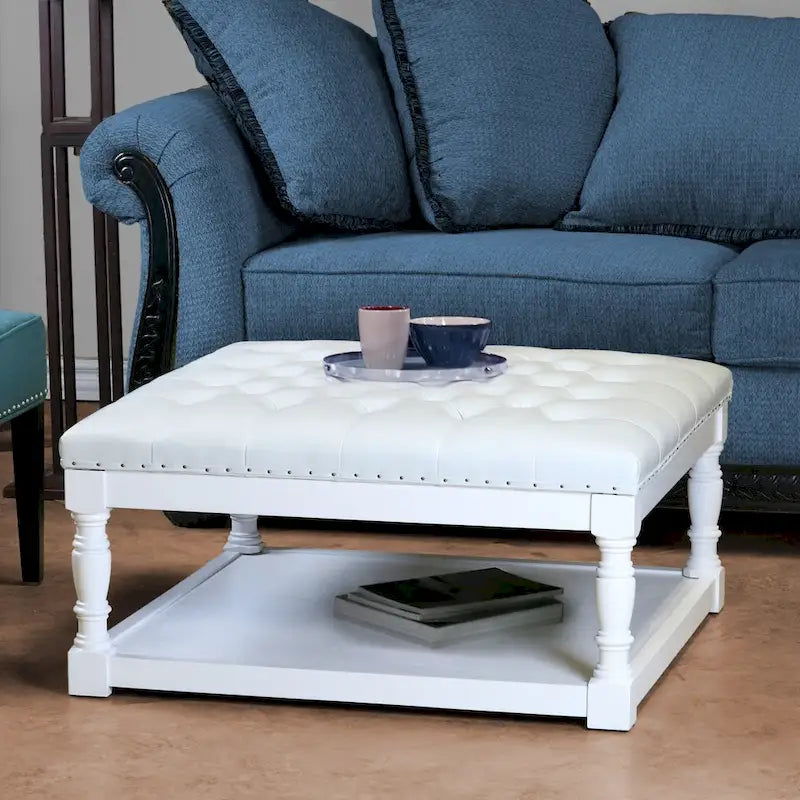 Mesa otomana con estantes de 34 pulgadas de piel sintética capitoné