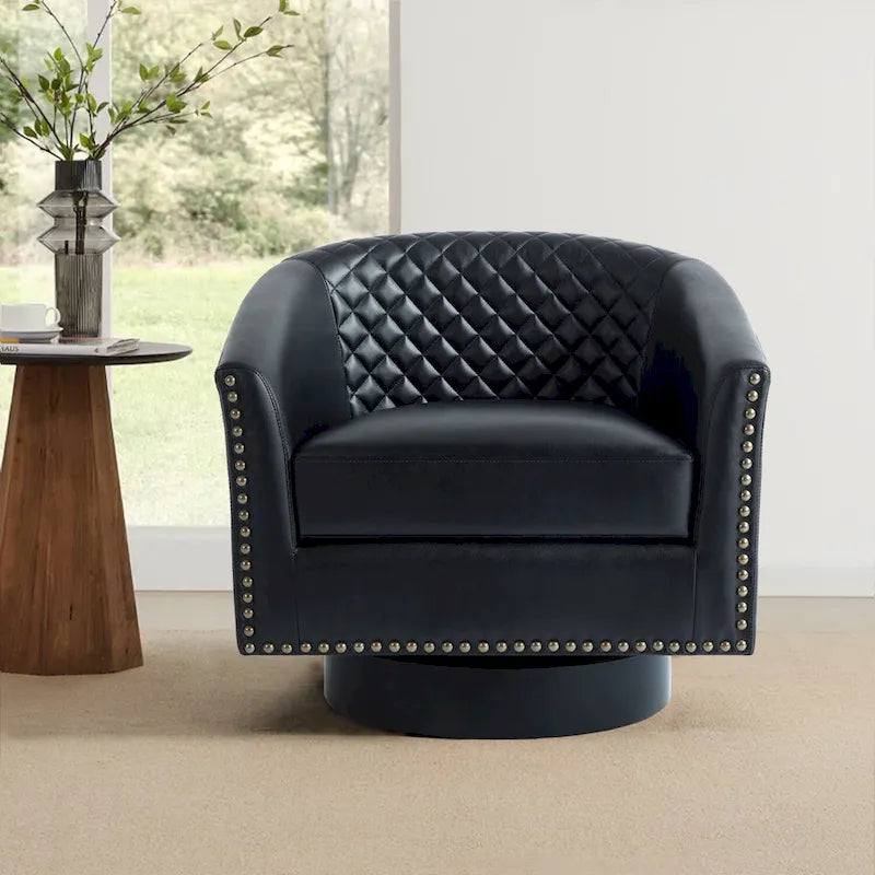 Sillón moderno de polipiel con ribete de tachuelas y giratorio