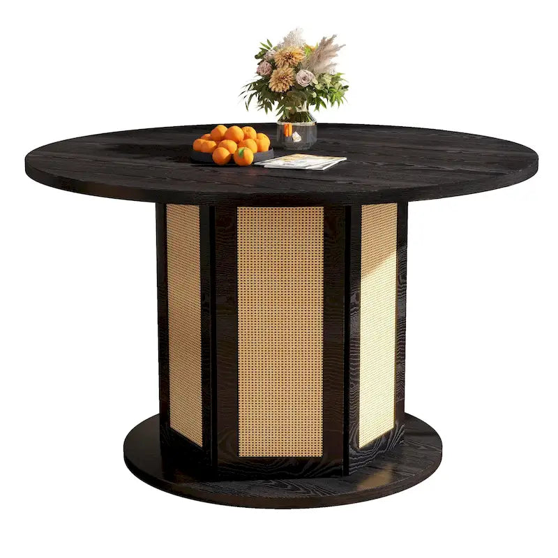 Mesa de Comedor Pedestal Redonda para 4 con Base Circular de Ratán
