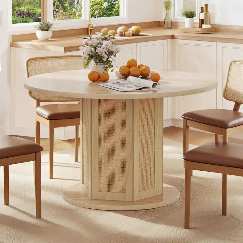 Mesa de Comedor Pedestal Redonda para 4 con Base Circular de Ratán