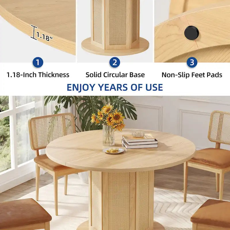 Mesa de Comedor Pedestal Redonda para 4 con Base Circular de Ratán