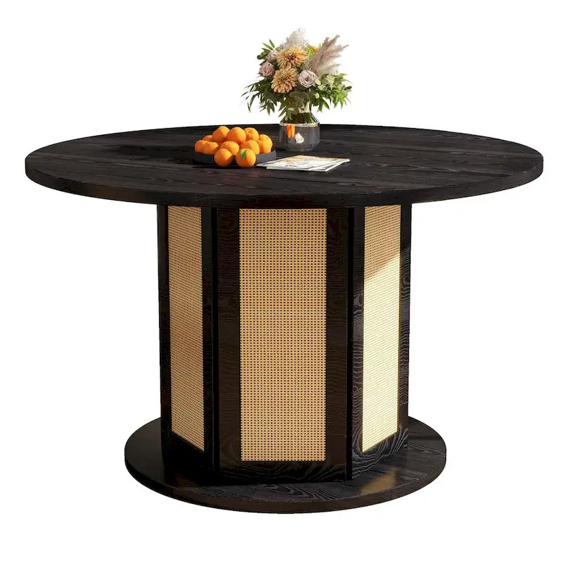 Mesa de Comedor Pedestal Redonda para 4 con Base Circular de Ratán
