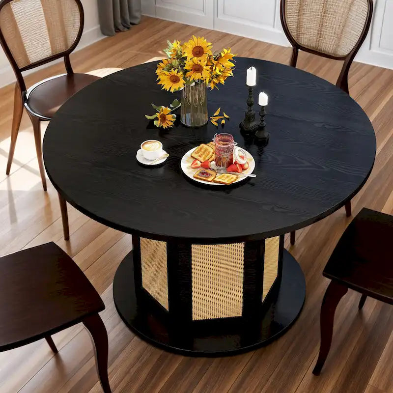 Mesa de Comedor Pedestal Redonda para 4 con Base Circular de Ratán