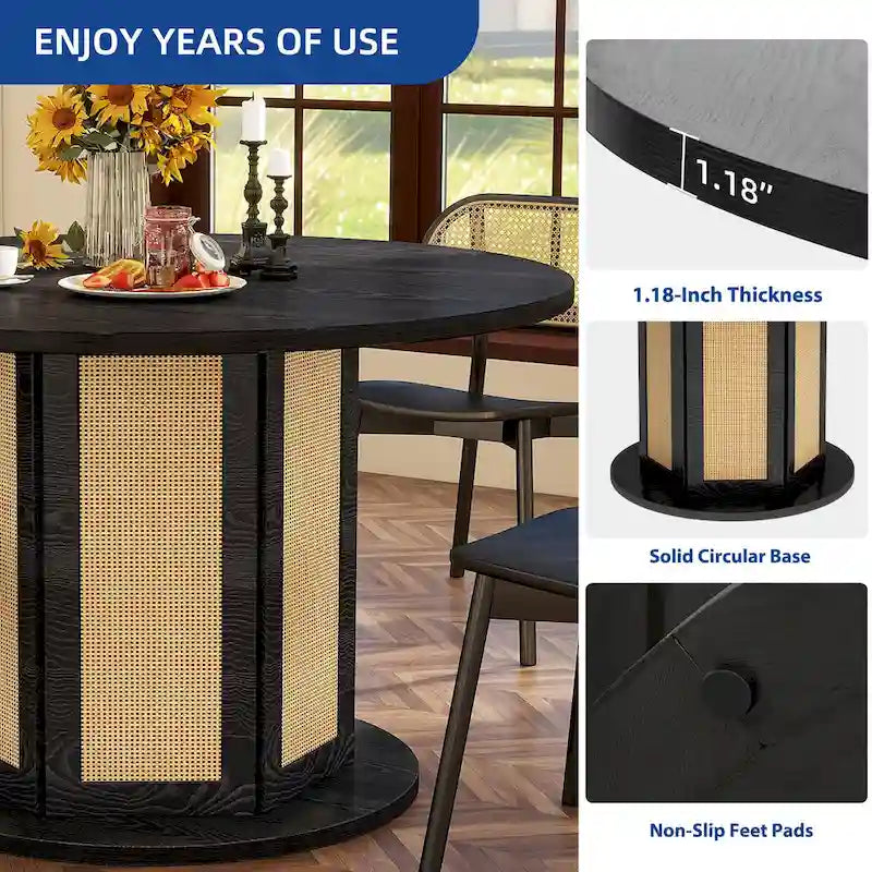 Mesa de Comedor Pedestal Redonda para 4 con Base Circular de Ratán