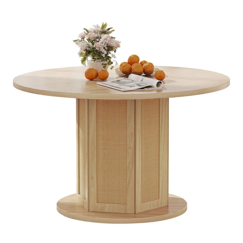 Mesa de Comedor Pedestal Redonda para 4 con Base Circular de Ratán