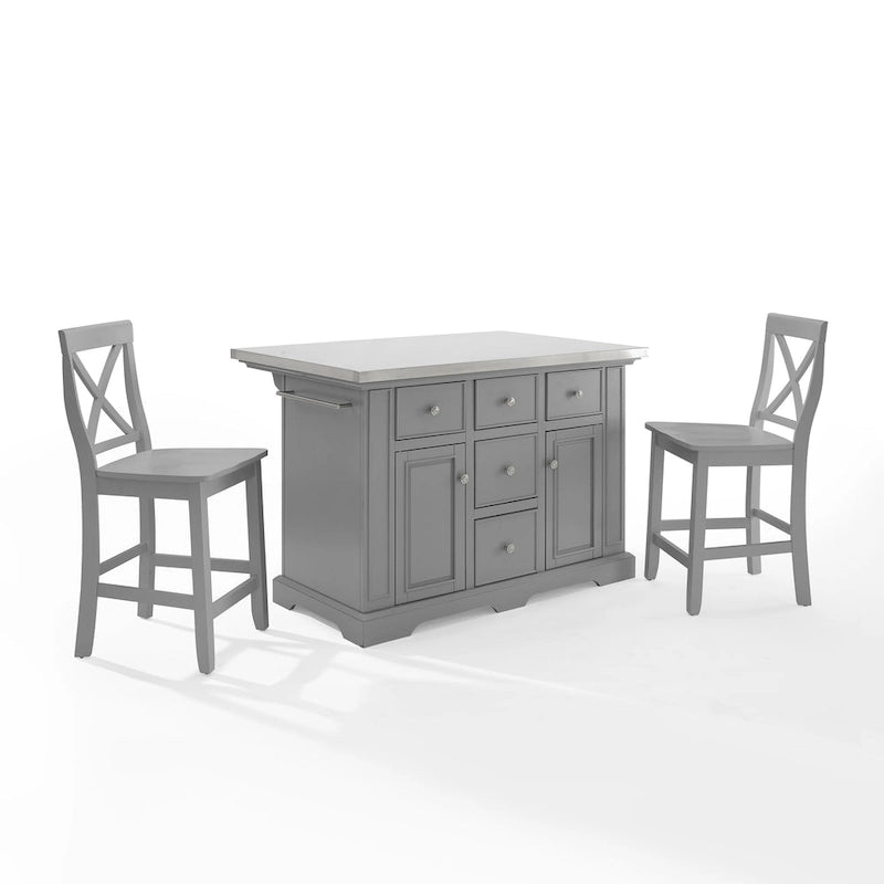 Isla con encimera de acero inoxidable y taburetes con respaldo en forma de X - 50 Ancho x 60 Fondo x 41 Alto
