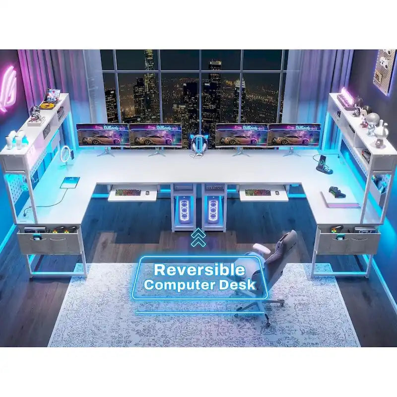 Escritorio de computadora reversible en forma de L, escritorio para juegos con estante superior e iluminación LED