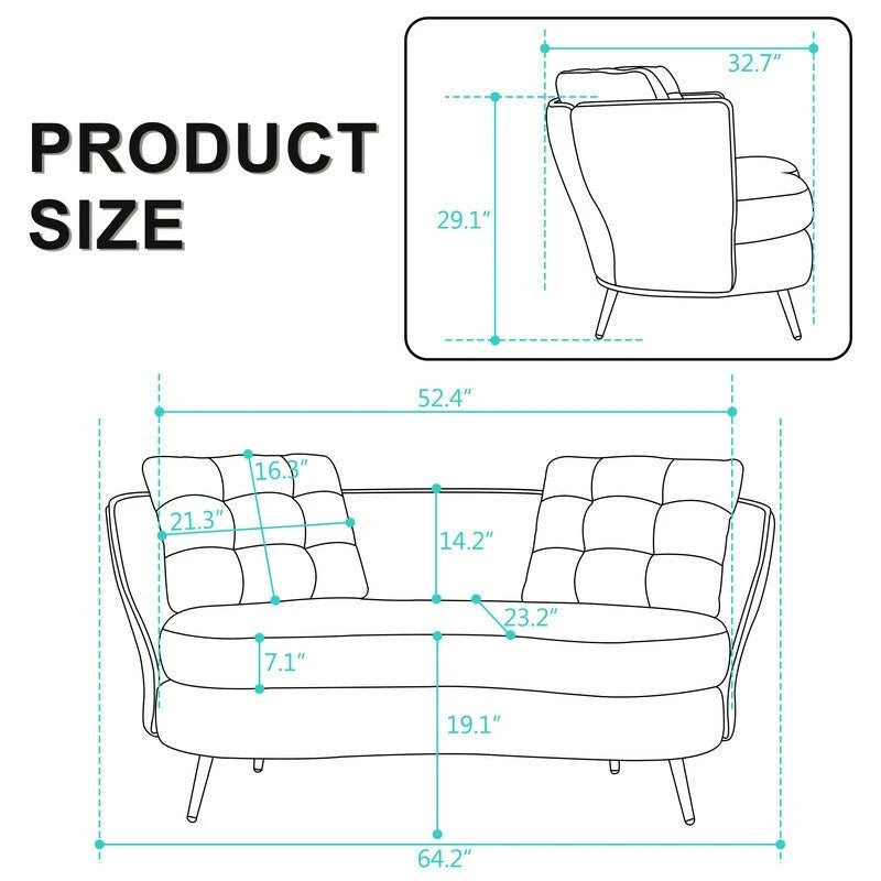 Sofá Tapizado con Patas de Metal Dorado Sofá Biplaza para Sala de Estar, Dormitorio, Apartamento, Dormitorio de Espacio Pequeño