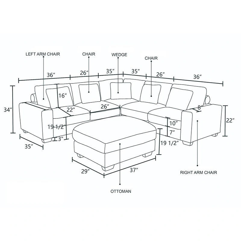 Sofá seccional esquinero en forma de L tapizado en pana marrón de 97 pulgadas con otomana