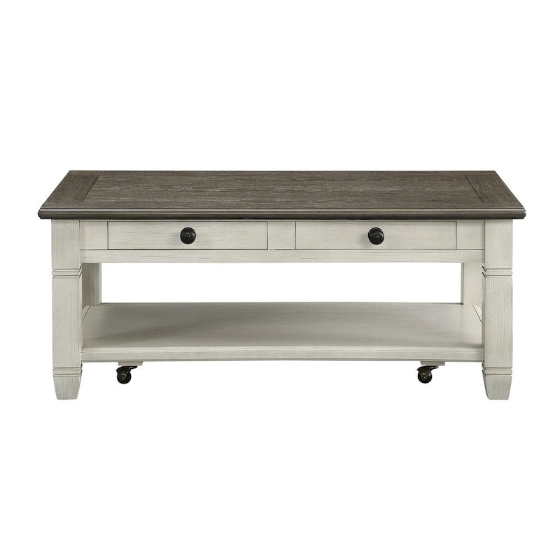 Mesa de centro tipo cóctel Rome de 48 pulgadas, 2 cajones, blanco y marrón, madera maciza
