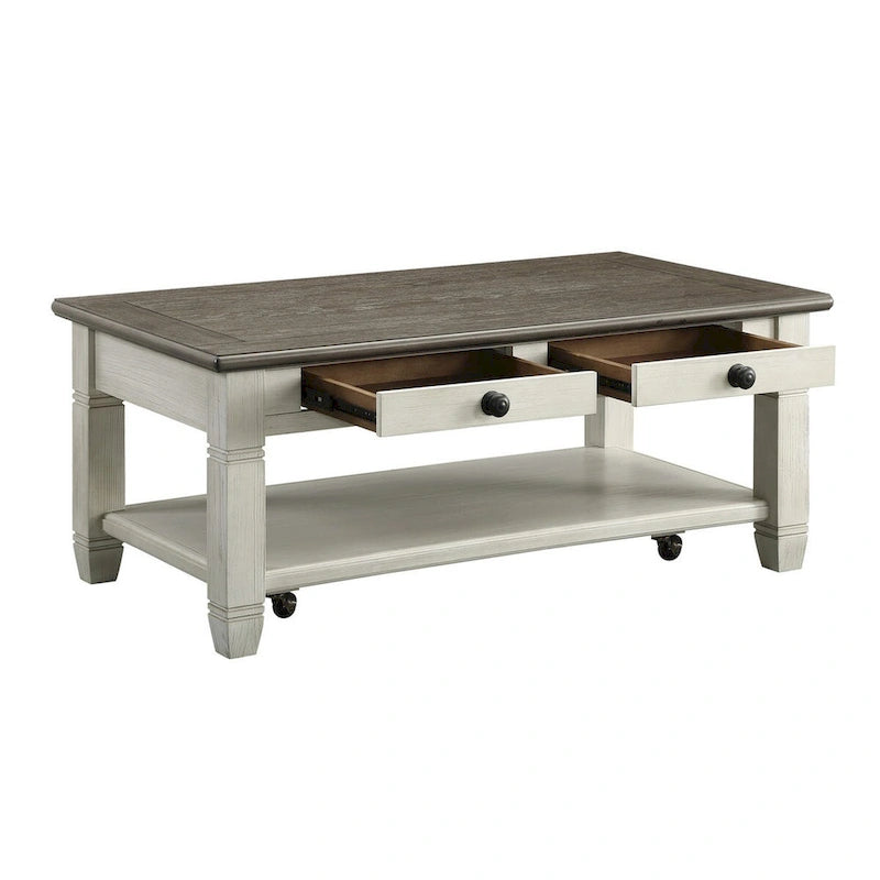 Mesa de centro tipo cóctel Rome de 48 pulgadas, 2 cajones, blanco y marrón, madera maciza