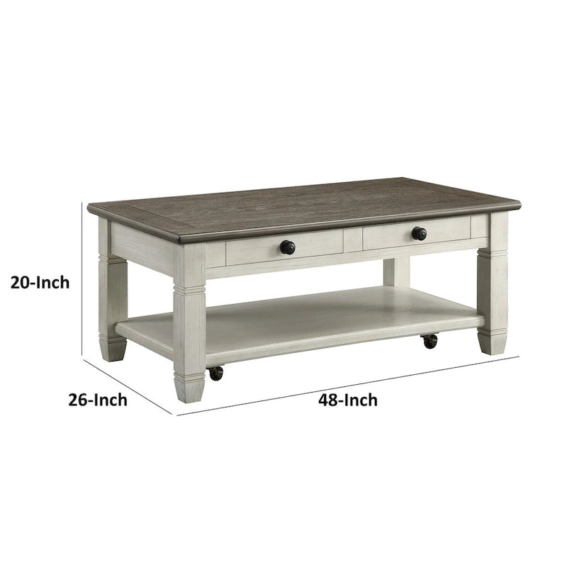 Mesa de centro tipo cóctel Rome de 48 pulgadas, 2 cajones, blanco y marrón, madera maciza