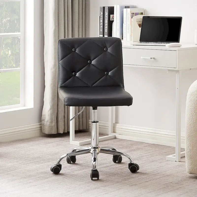 Silla de oficina sin brazos, de piel sintética, respaldo medio, altura ajustable, giratoria 360° con ruedas, para el hogar y la oficina