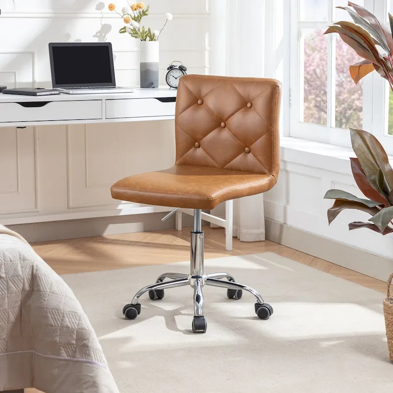 Silla de oficina sin brazos, de piel sintética, respaldo medio, altura ajustable, giratoria 360° con ruedas, para el hogar y la oficina