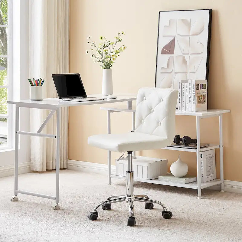 Silla de oficina sin brazos, de piel sintética, respaldo medio, altura ajustable, giratoria 360° con ruedas, para el hogar y la oficina