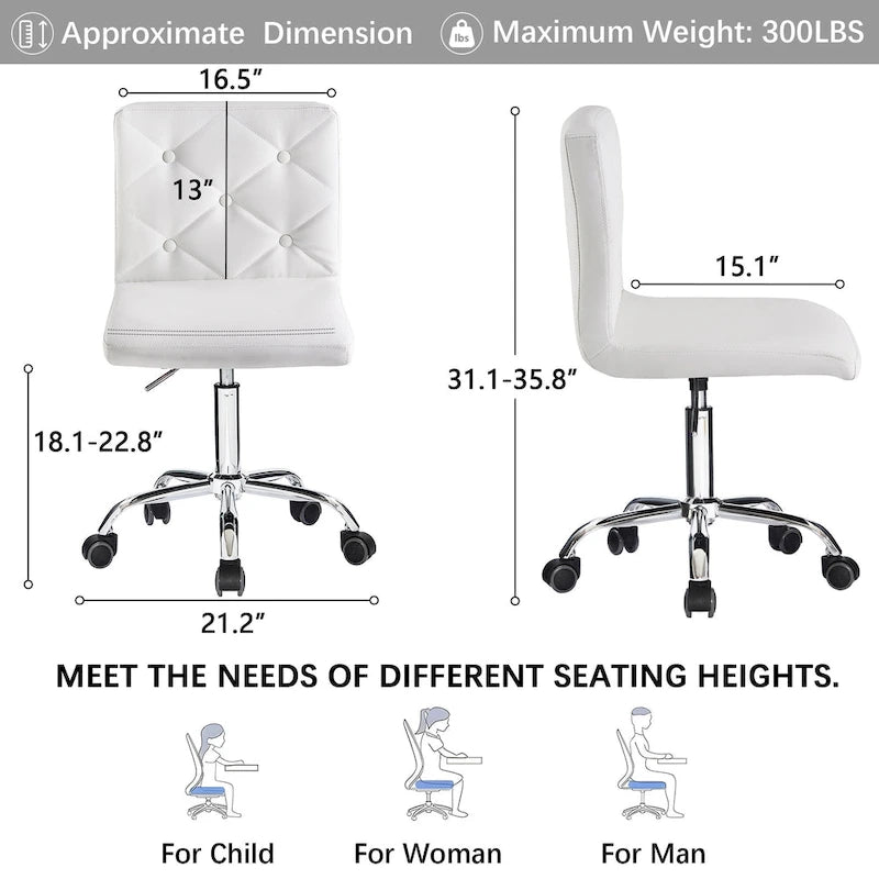 Silla de oficina sin brazos, de piel sintética, respaldo medio, altura ajustable, giratoria 360° con ruedas, para el hogar y la oficina