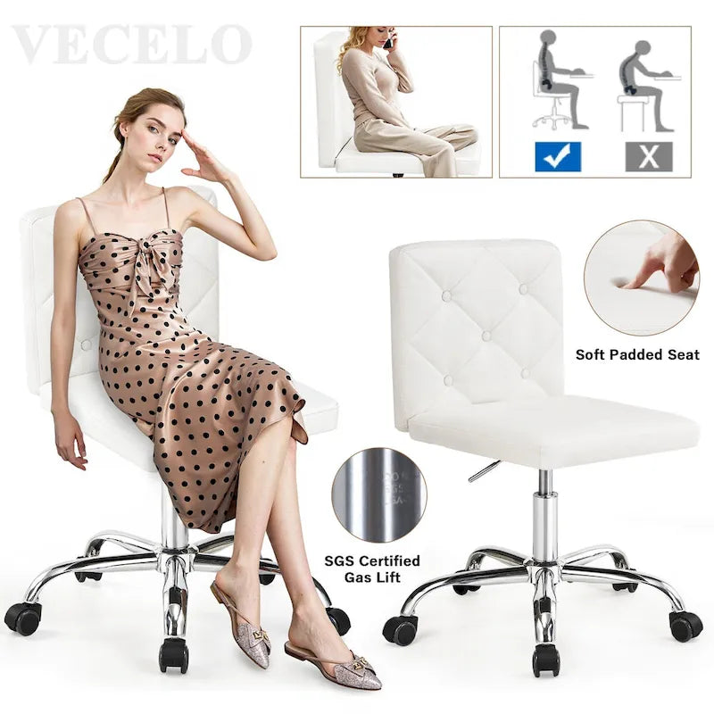 Silla de oficina sin brazos, de piel sintética, respaldo medio, altura ajustable, giratoria 360° con ruedas, para el hogar y la oficina