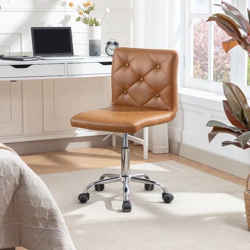 Silla de oficina sin brazos, de piel sintética, respaldo medio, altura ajustable, giratoria 360° con ruedas, para el hogar y la oficina