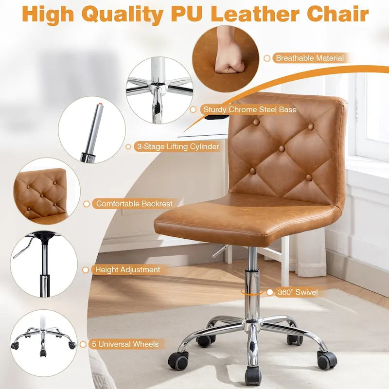 Silla de oficina sin brazos, de piel sintética, respaldo medio, altura ajustable, giratoria 360° con ruedas, para el hogar y la oficina