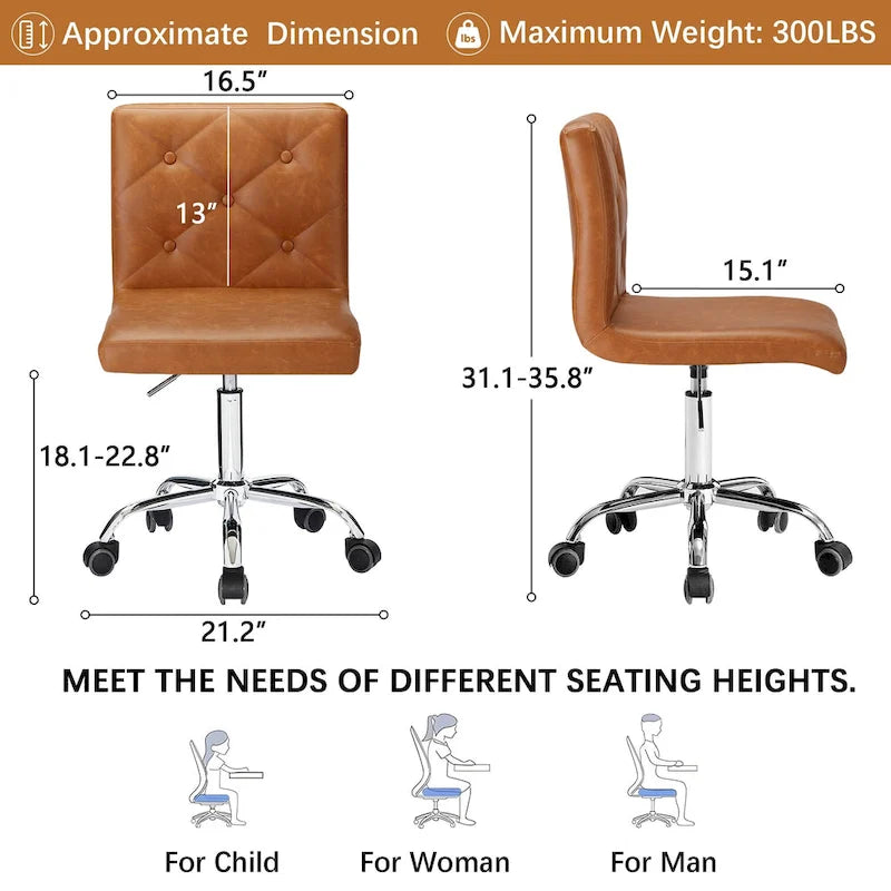 Silla de oficina sin brazos, de piel sintética, respaldo medio, altura ajustable, giratoria 360° con ruedas, para el hogar y la oficina
