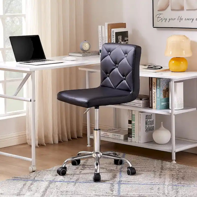 Silla de oficina sin brazos, de piel sintética, respaldo medio, altura ajustable, giratoria 360° con ruedas, para el hogar y la oficina
