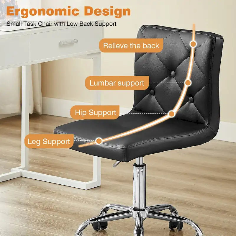 Silla de oficina sin brazos, de piel sintética, respaldo medio, altura ajustable, giratoria 360° con ruedas, para el hogar y la oficina