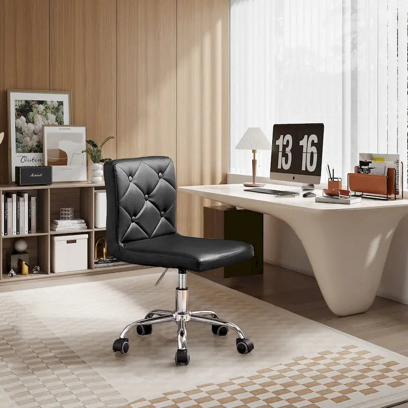 Silla de oficina sin brazos, de piel sintética, respaldo medio, altura ajustable, giratoria 360° con ruedas, para el hogar y la oficina