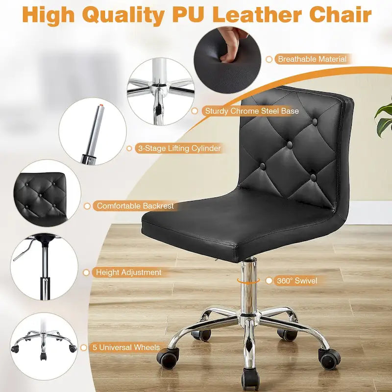 Silla de oficina sin brazos, de piel sintética, respaldo medio, altura ajustable, giratoria 360° con ruedas, para el hogar y la oficina