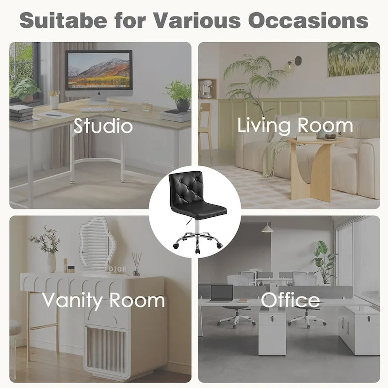 Silla de oficina sin brazos, de piel sintética, respaldo medio, altura ajustable, giratoria 360° con ruedas, para el hogar y la oficina