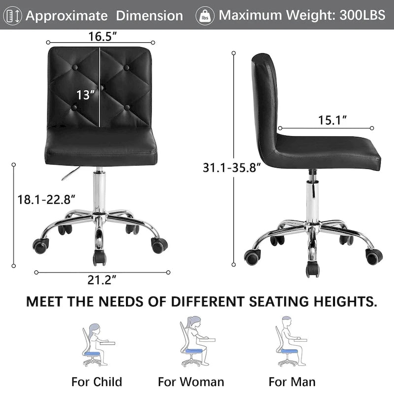 Silla de oficina sin brazos, de piel sintética, respaldo medio, altura ajustable, giratoria 360° con ruedas, para el hogar y la oficina