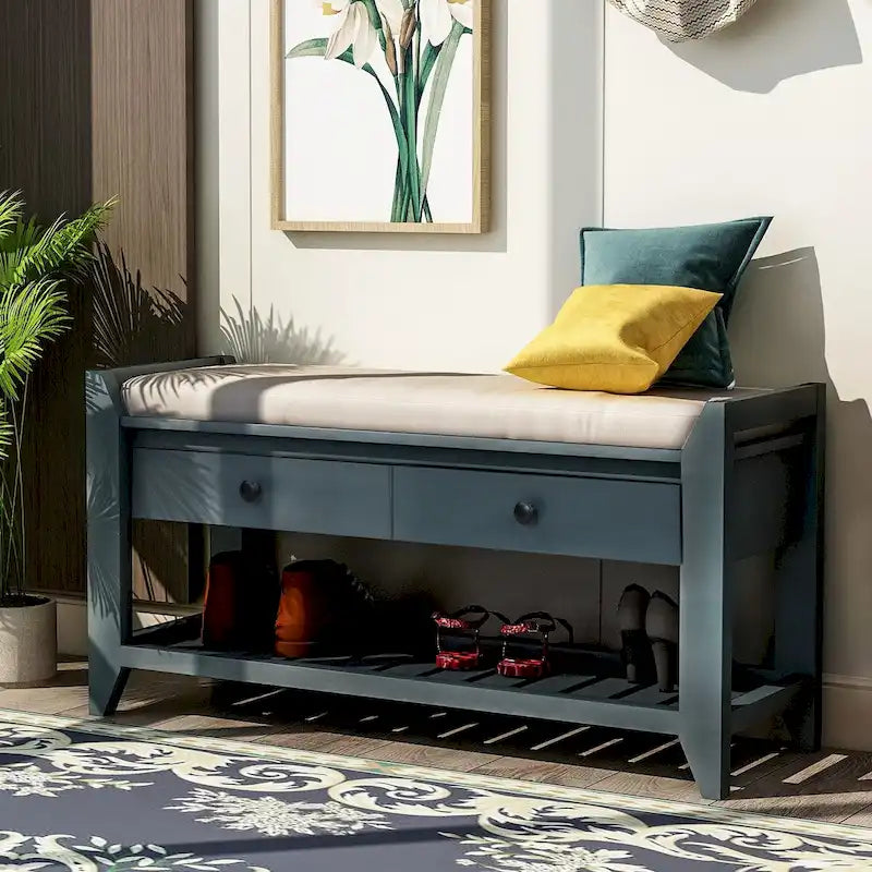 Zapatero con asiento acolchado y cajones, banco de almacenamiento multiusos, azul marino antiguo - 39L x 14W x 19.8H