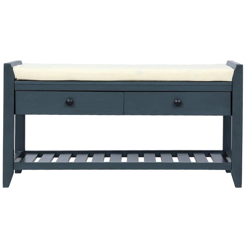 Zapatero con asiento acolchado y cajones, banco de almacenamiento multiusos, azul marino antiguo - 39L x 14W x 19.8H