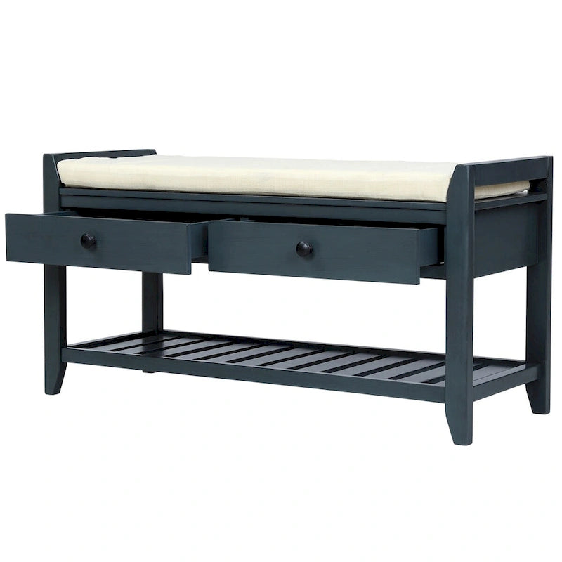 Zapatero con asiento acolchado y cajones, banco de almacenamiento multiusos, azul marino antiguo - 39L x 14W x 19.8H