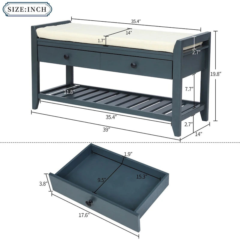 Zapatero con asiento acolchado y cajones, banco de almacenamiento multiusos, azul marino antiguo - 39L x 14W x 19.8H