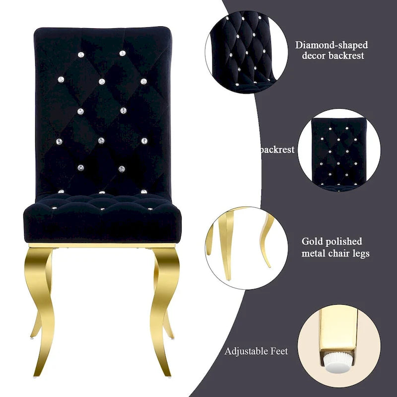 Sillas de comedor tapizadas con botones negros y patas doradas