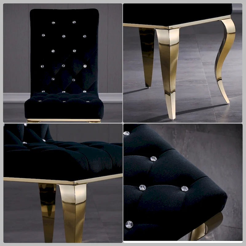 Sillas de comedor tapizadas con botones negros y patas doradas